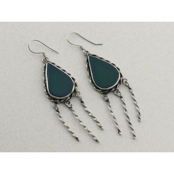 Sterling Silver Green Onyx Dangle Drop Earrings Large Bold - Picture 5 of 7